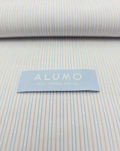 Fine Alumo cotton shirting in a pastel stripe with its hundred per cent Swiss cotton label