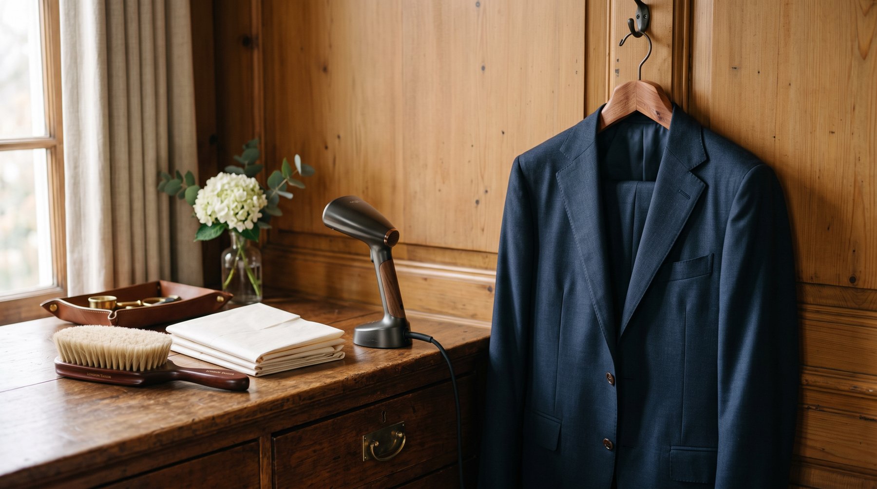 Suit care — cedar hanger, garment brush and steamer