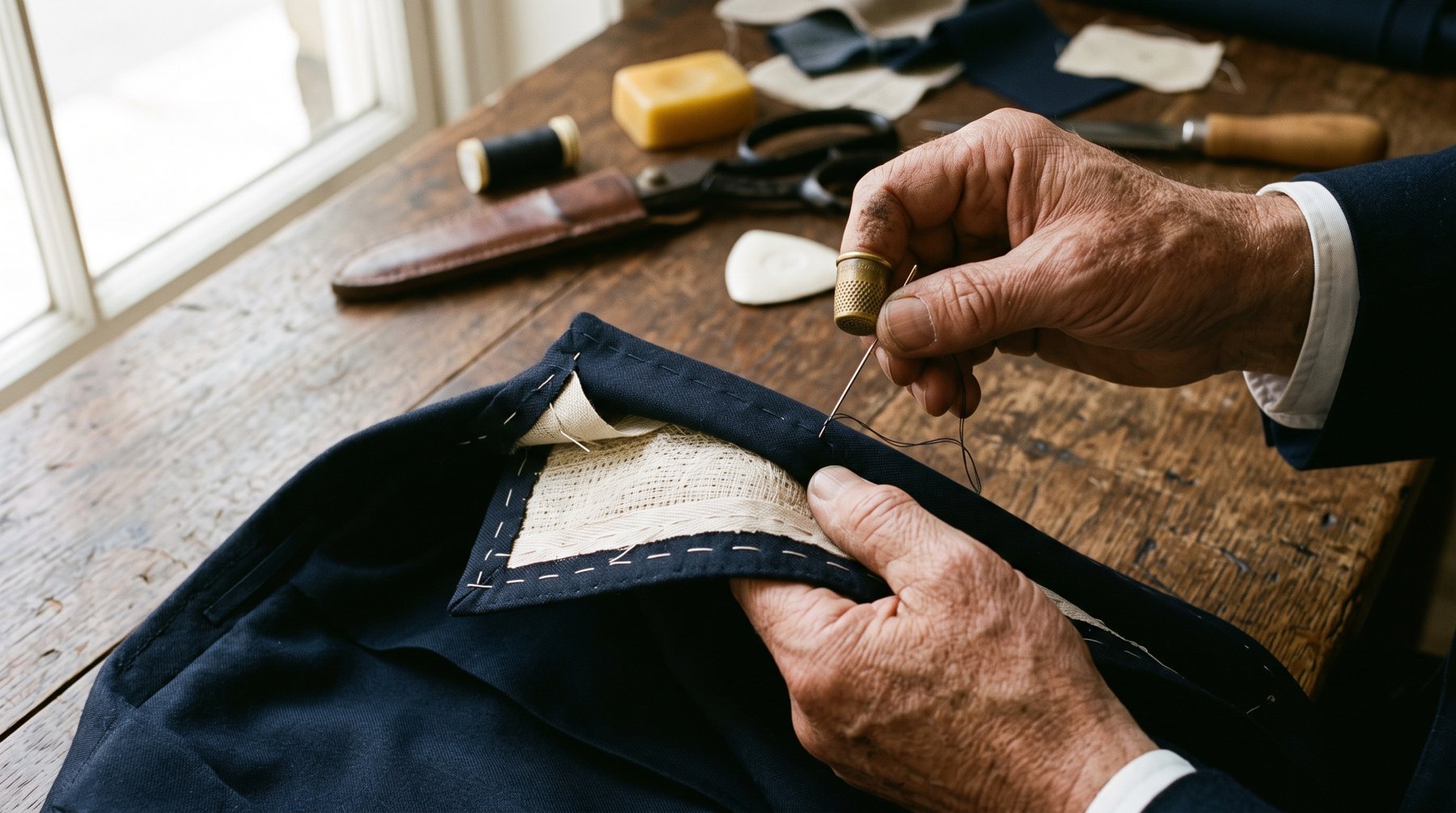 A master tailor hand-stitching a lapel at Sellers