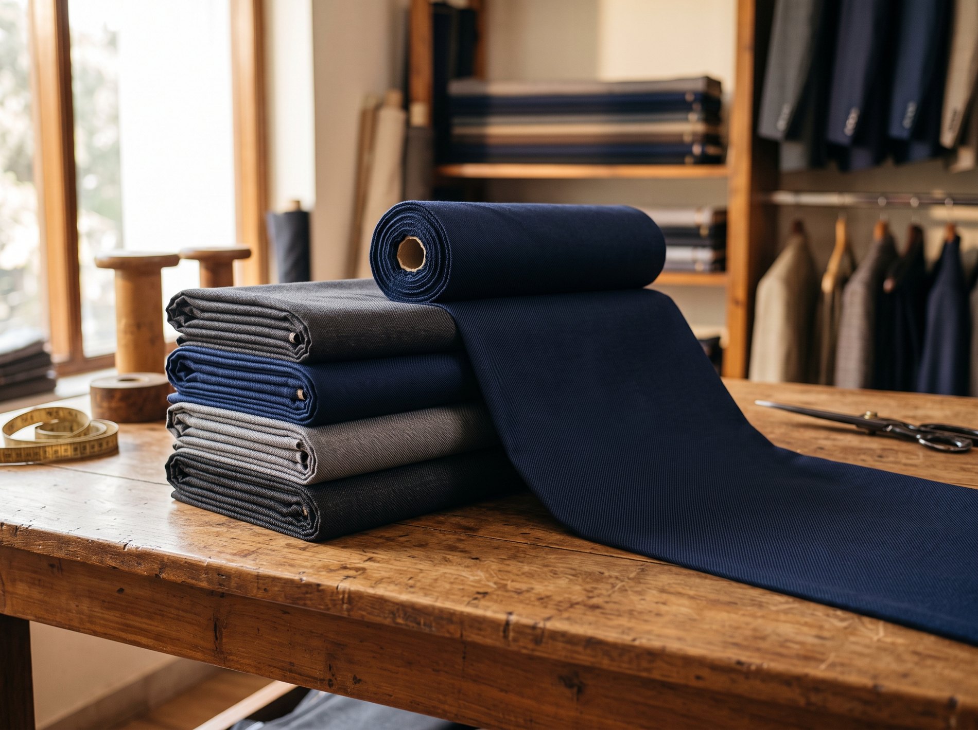Suiting cloth on the cutting table at Sellers