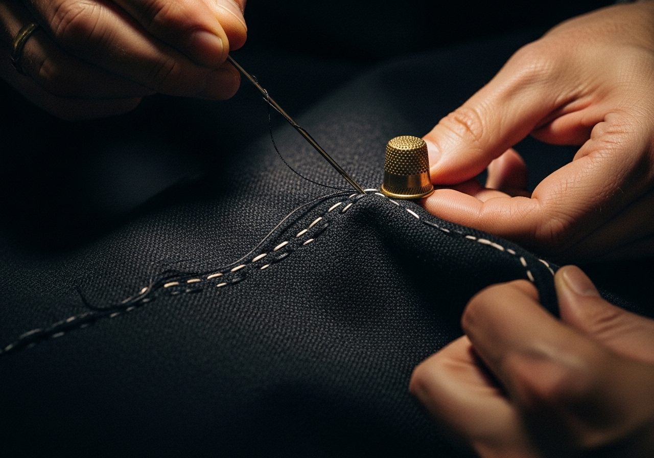 Close-up of hand-stitching with needle and thimble through dark worsted cloth at Sellers, Adyar Chennai