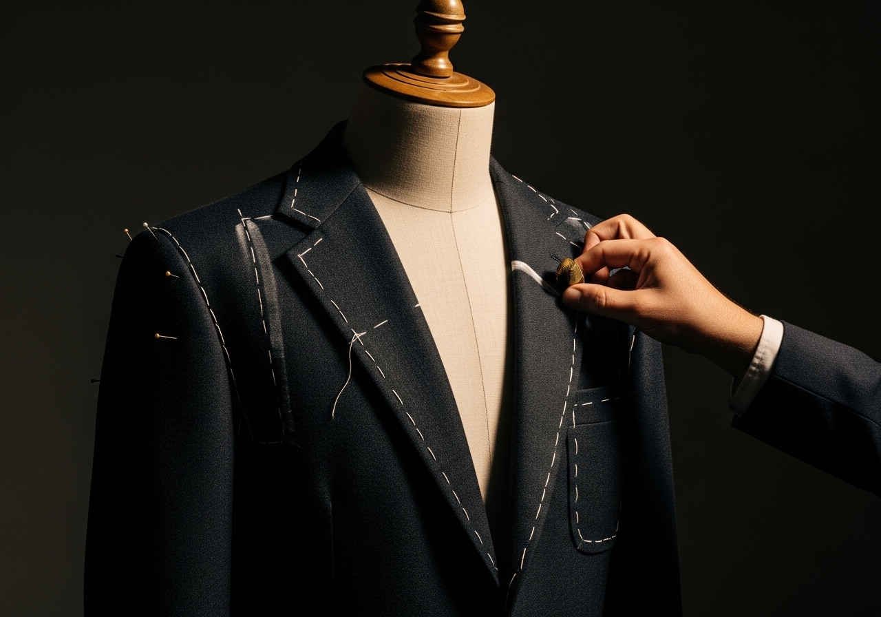Half-made basted jacket on a tailor's form with chalk marks and pins at Sellers, Adyar Chennai