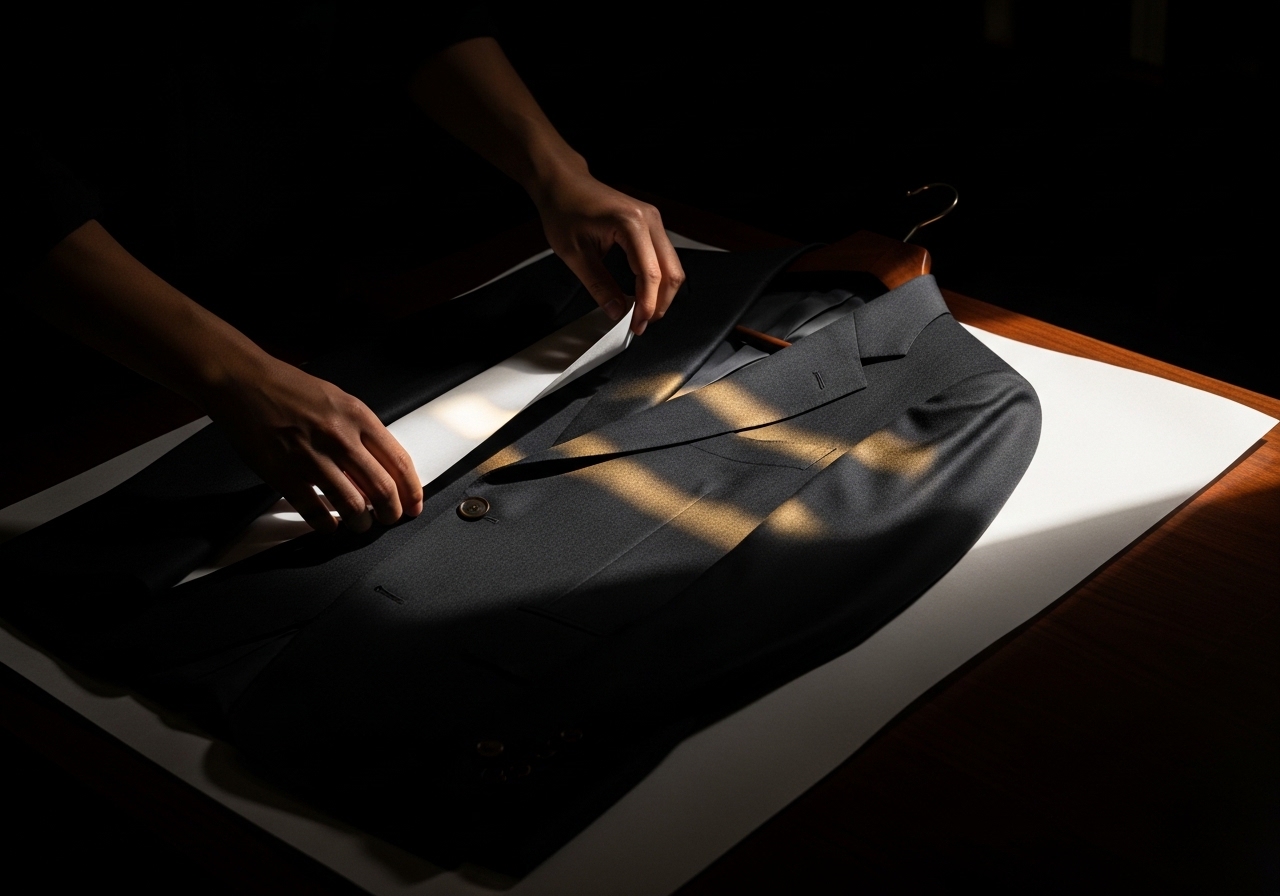 Finished suit jacket pressed and wrapped in tissue paper at Sellers, Adyar Chennai