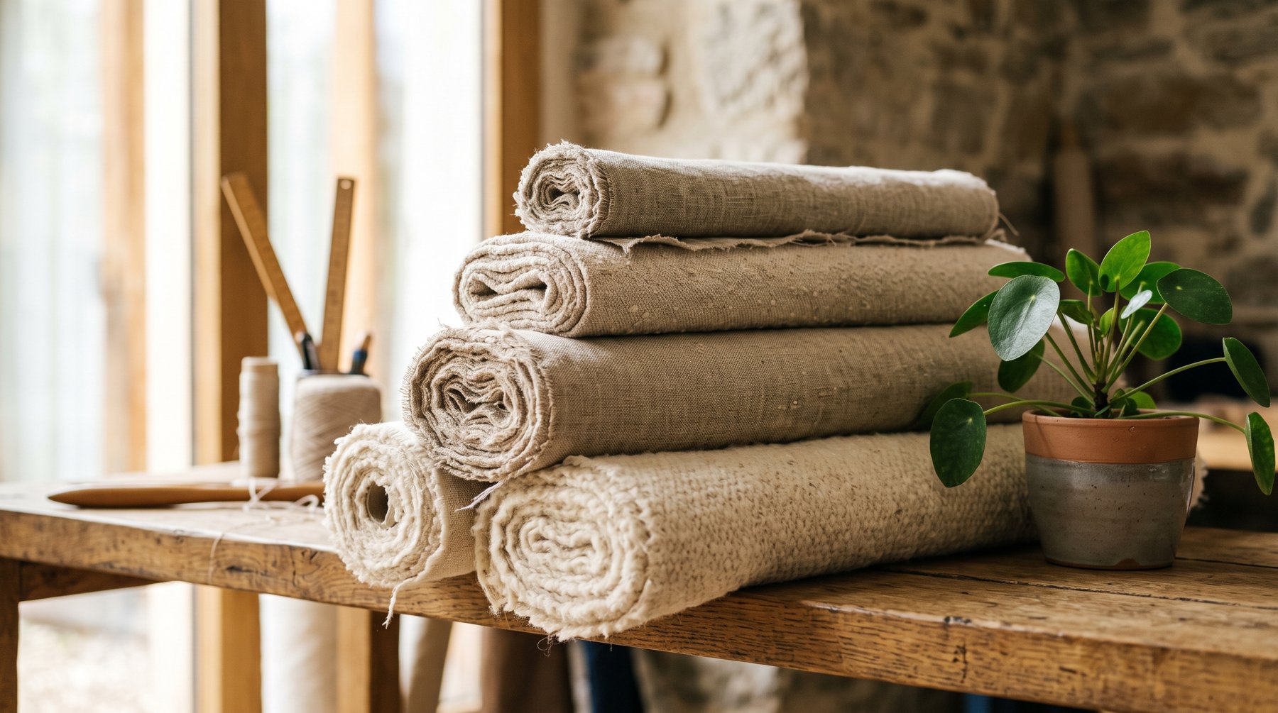 Rolls of undyed natural cloth